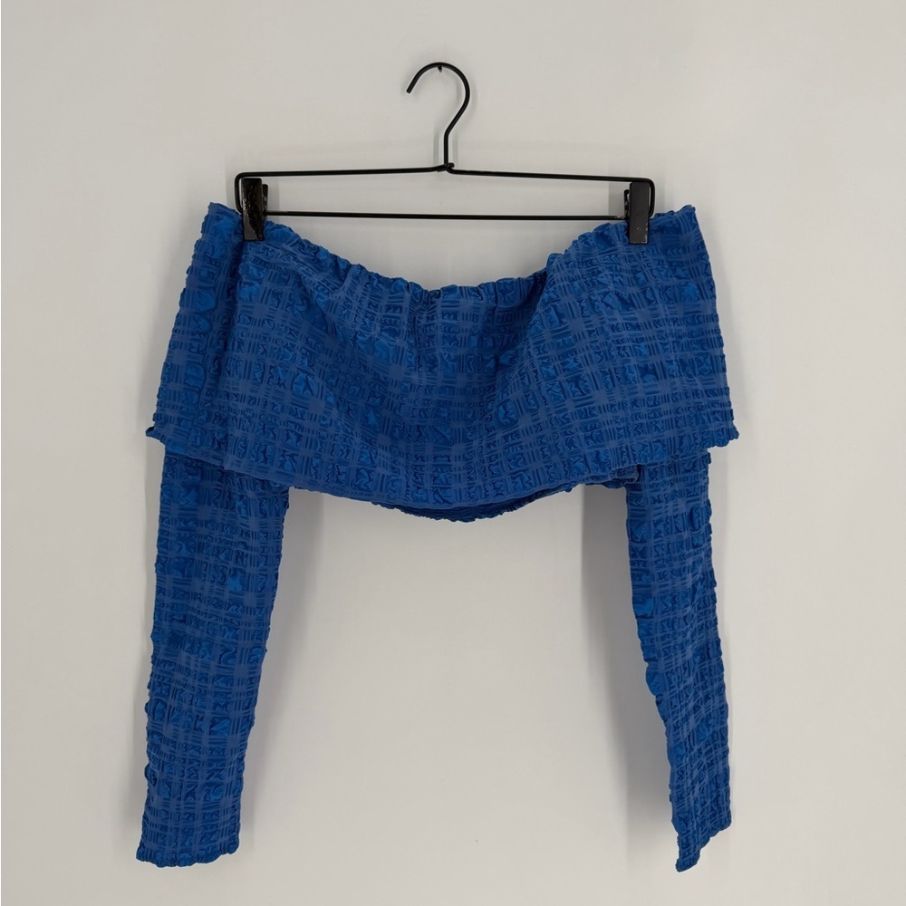 Cult Gaia Trina Off The Shoulder Fold Over Persian Blue Cropped Popcorn Top